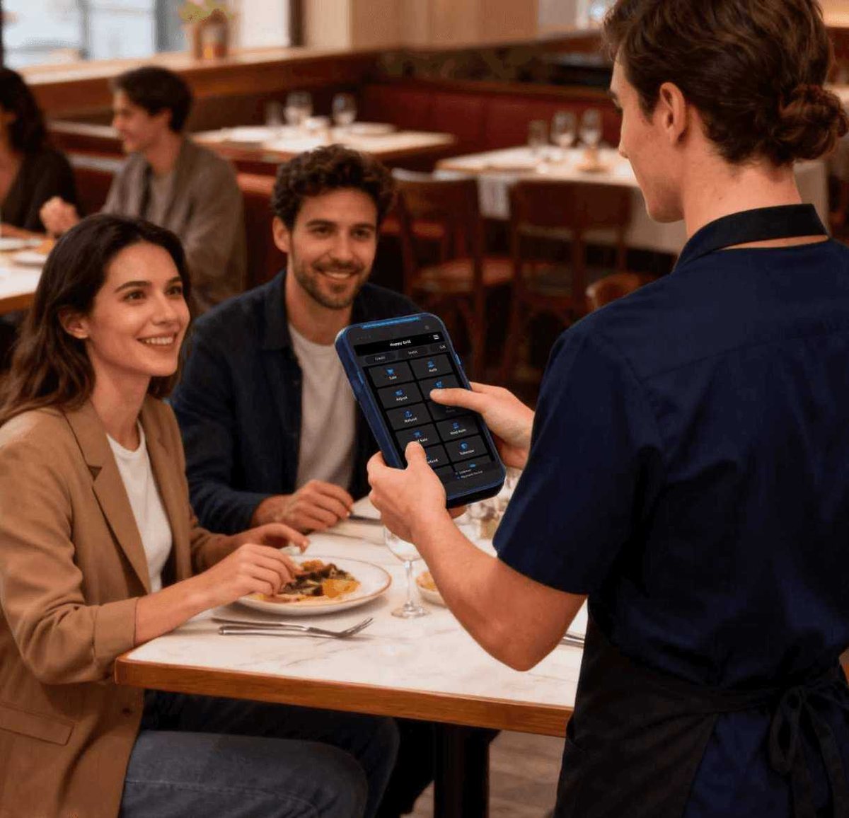 Server taking a tableside payment on an Aldelo handheld while guests dine