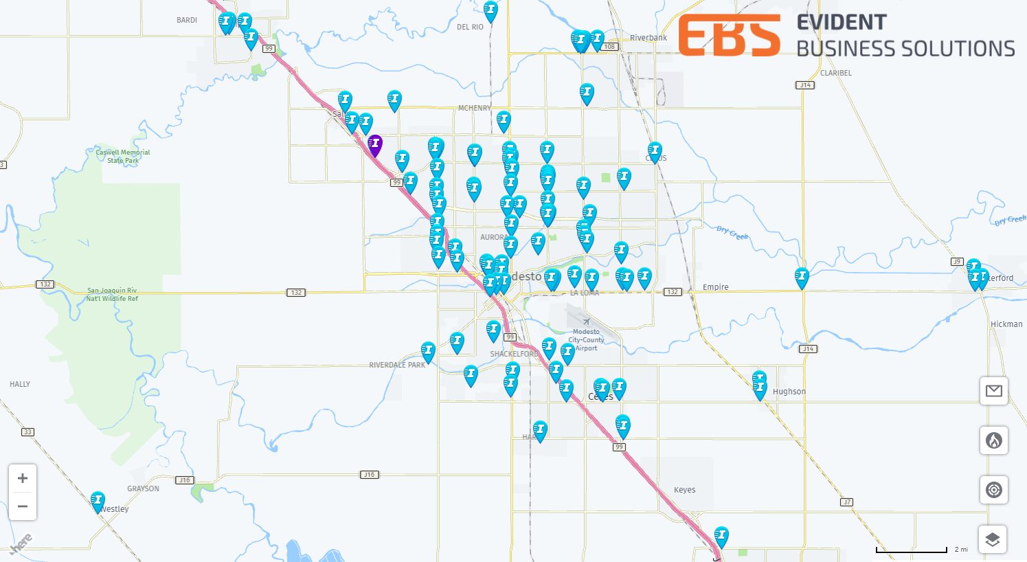A map showing the Modesto area with blue icons showing all of the businesses that are being targeted by Visa secret shoppers.