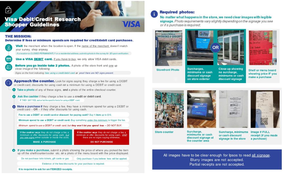 The guidelines to visiting the store location with pictures of examples of businesses and signage for surcharging
