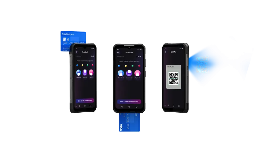 PAX A6650 payment device showing tap, insert, and swipe