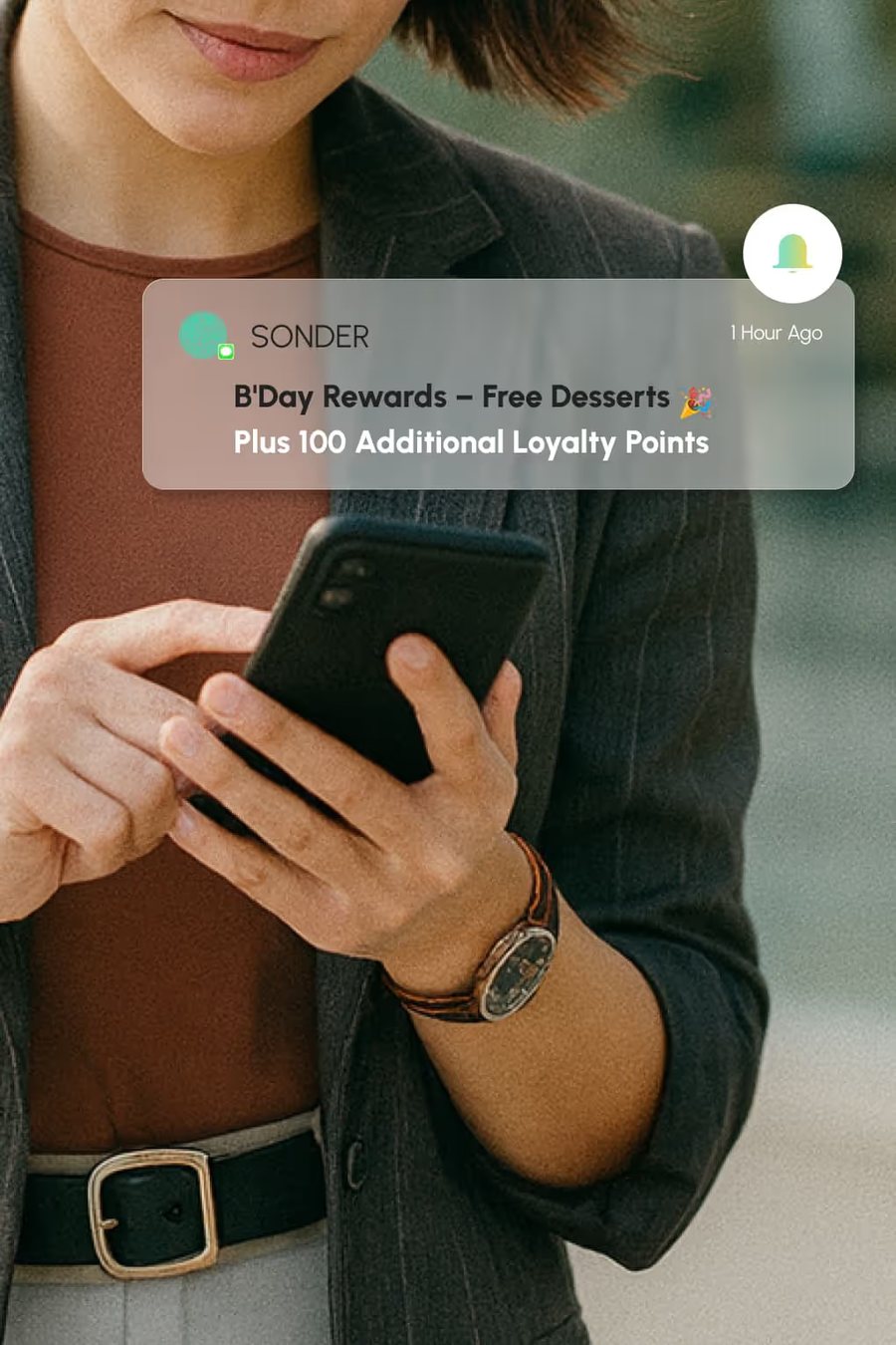 Customer receiving a birthday rewards push notification from a restaurant app
