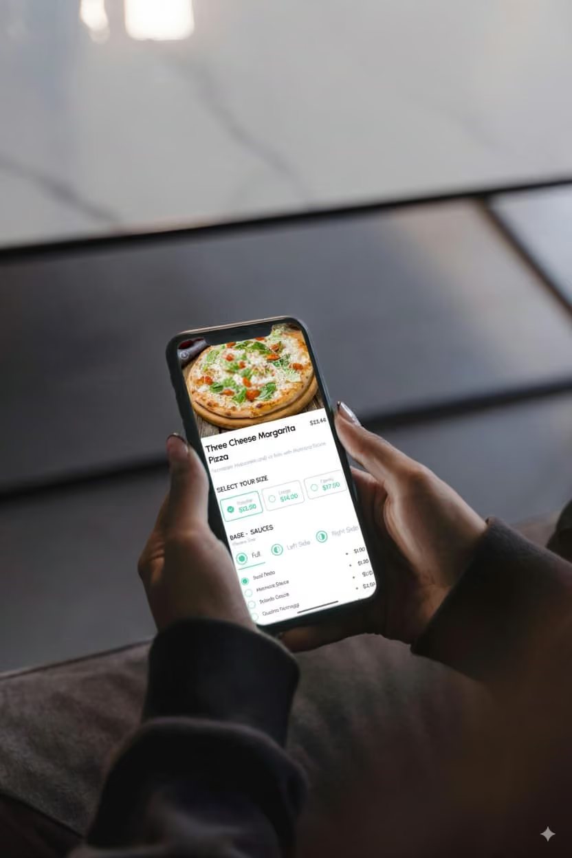 Customer browsing a restaurant menu and adding a dish to the cart on their phone
