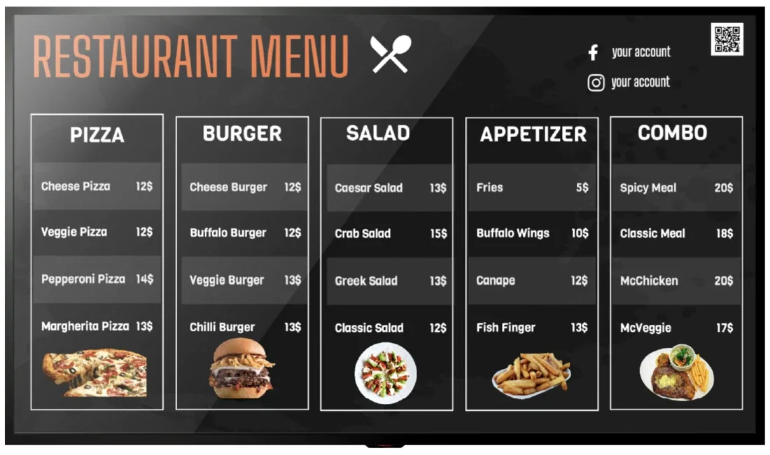 Restaurant menu board screen template