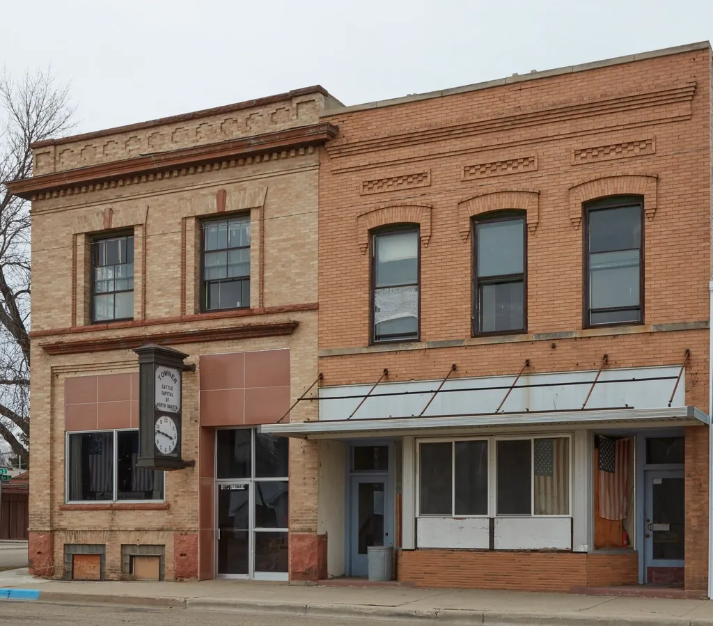 Brick bank building on a small-town main street