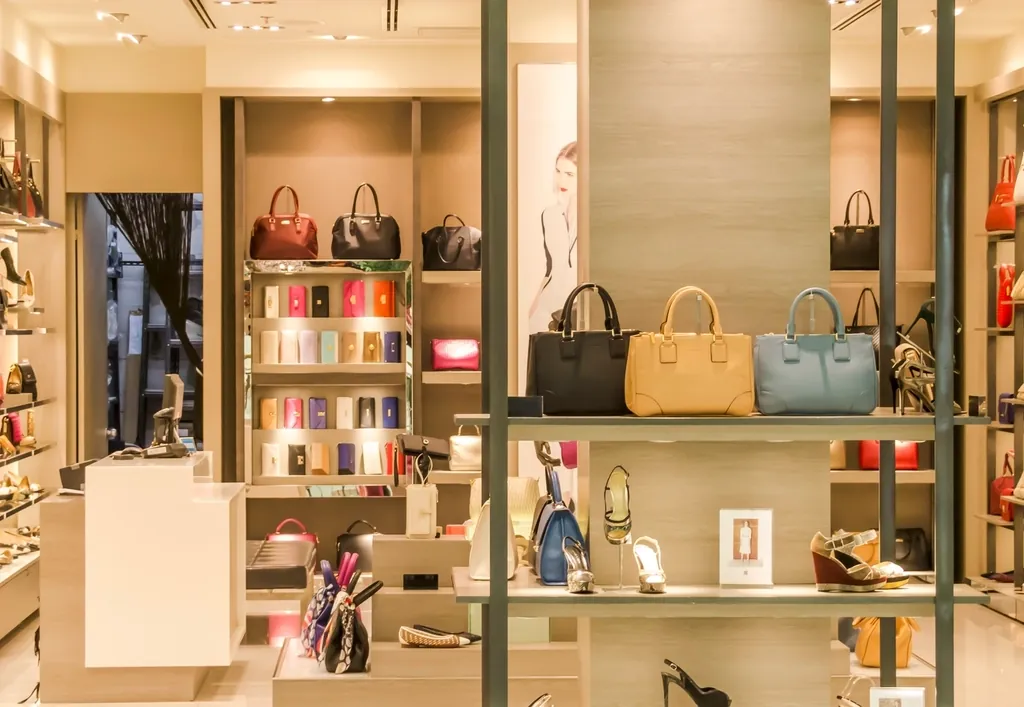 Boutique shelves of handbags and accessories