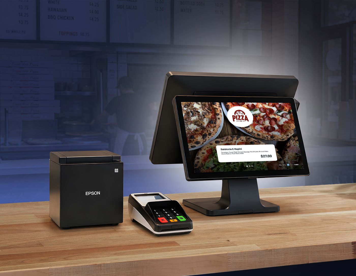Pizzeria counter with a TableTurn terminal and printer