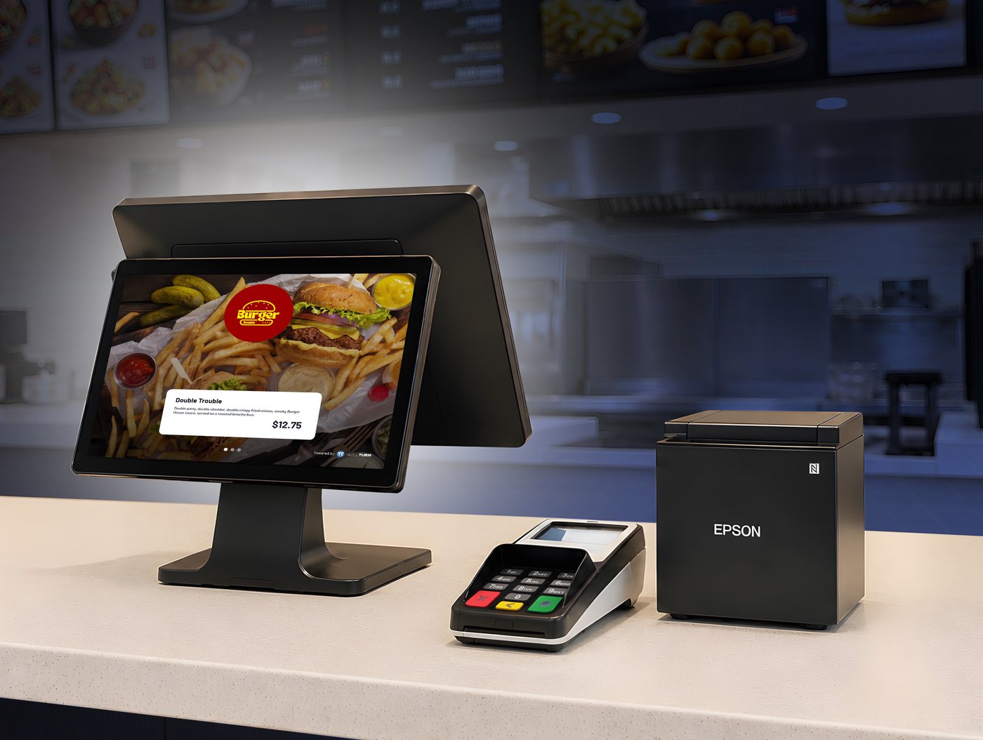 Quick-service counter with a TableTurn terminal, payment terminal, and printer