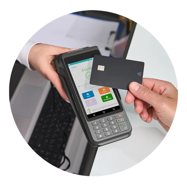 A customer tapping a card on a Dejavoo P1 terminal